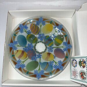 Peggy Karr Fused Art Glass 11" Round Easter Eggs Bowl Shallow with Box 2019